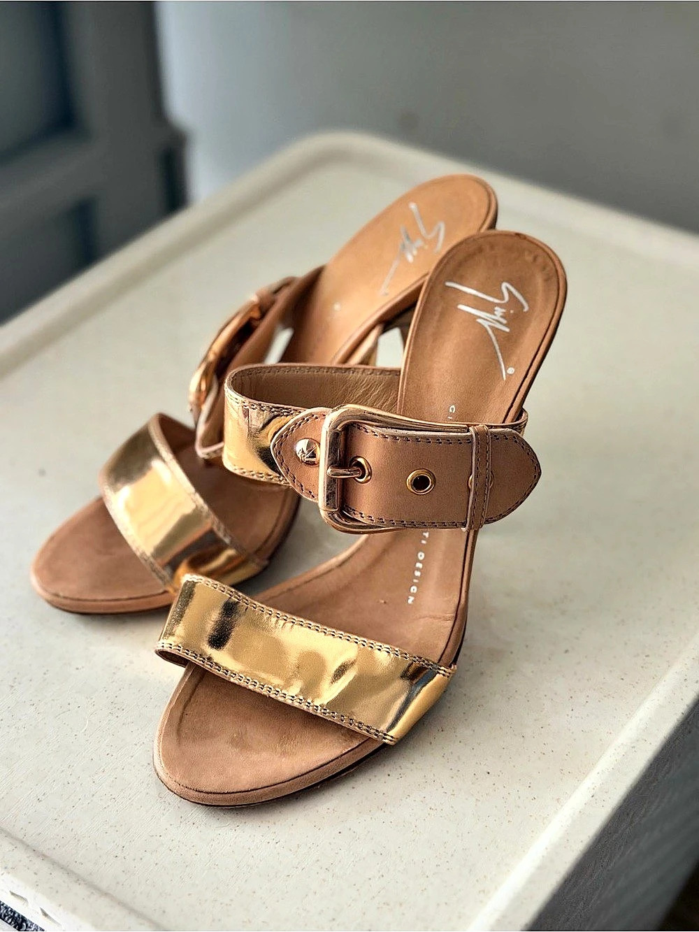 Giuseppe Zanotti Metallic Heeled Sandals Gold & Brown Like New
